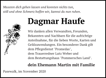 Traueranzeige von Dagmar Haufe von Pasewalker Zeitung