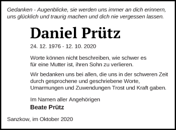 Traueranzeige von Daniel Prütz von Demminer Zeitung