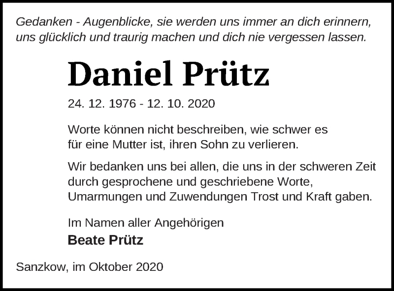  Traueranzeige für Daniel Prütz vom 07.11.2020 aus Demminer Zeitung