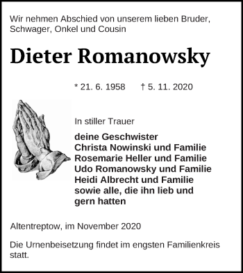 Traueranzeige von Dieter Romanowsky von Neubrandenburger Zeitung