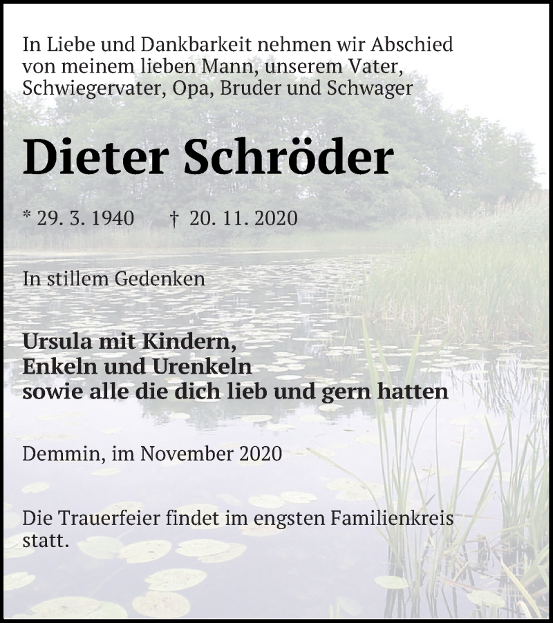  Traueranzeige für Dieter Schröder vom 27.11.2020 aus Demminer Zeitung