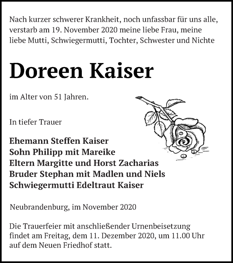 Traueranzeige für Doreen Kaiser vom 27.11.2020 aus Neubrandenburger Zeitung