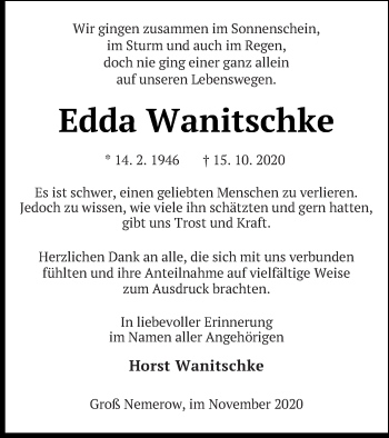 Traueranzeige von Edda Wanitschke von Neubrandenburger Zeitung