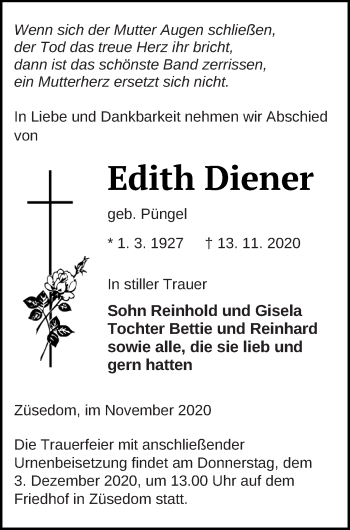 Traueranzeige von Edith Diener von Pasewalker Zeitung