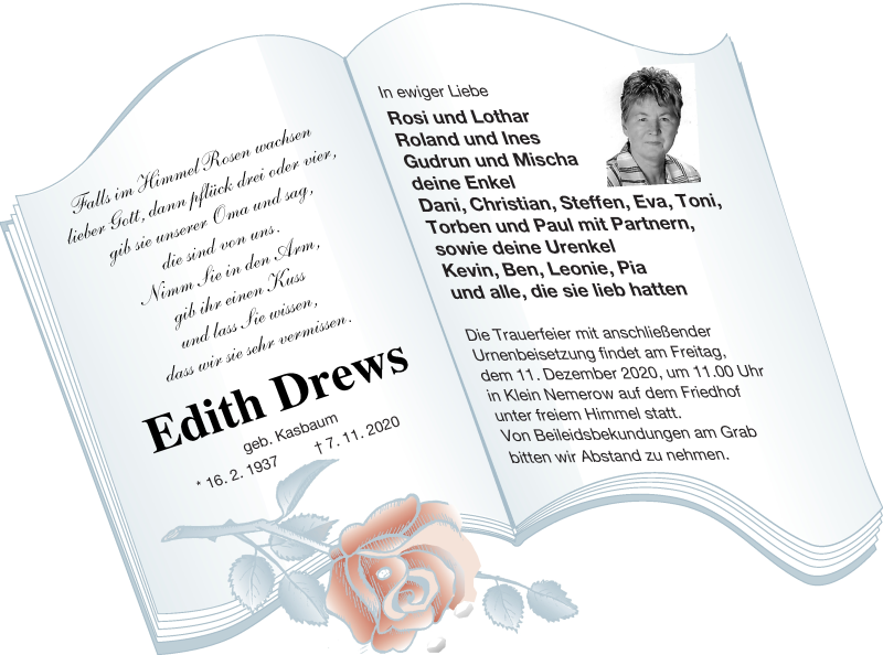  Traueranzeige für Edith Drews vom 14.11.2020 aus Neubrandenburger Zeitung