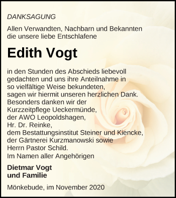 Traueranzeige von Edith Vogt von Haff-Zeitung