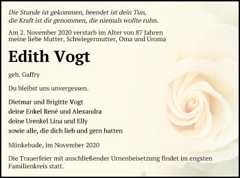 Traueranzeige von Edith Vogt von Haff-Zeitung