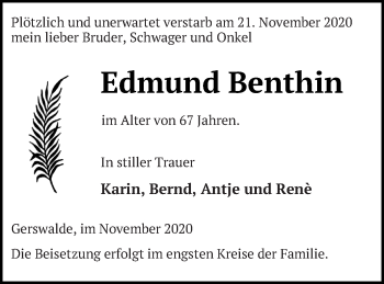 Traueranzeige von Edmund Benthin von Templiner Zeitung