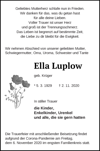 Traueranzeige von Ella Luplow von Strelitzer Zeitung