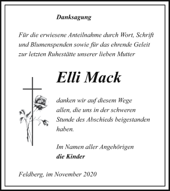 Traueranzeige von Elli Mack von Pasewalker Zeitung