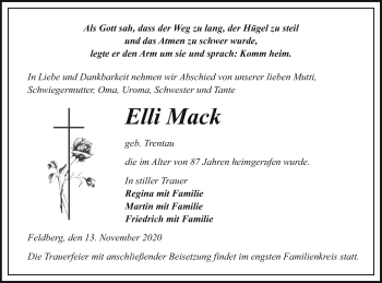 Traueranzeige von Elli Mack von Pasewalker Zeitung