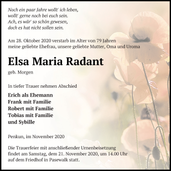 Traueranzeige von Elsa Maria Radant von Pasewalker Zeitung