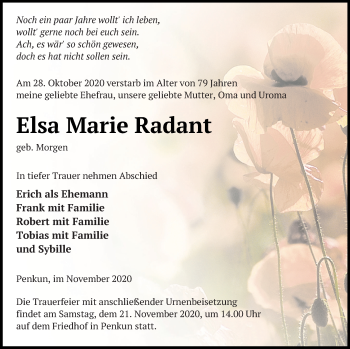 Traueranzeige von Elsa Marie Radant von Pasewalker Zeitung