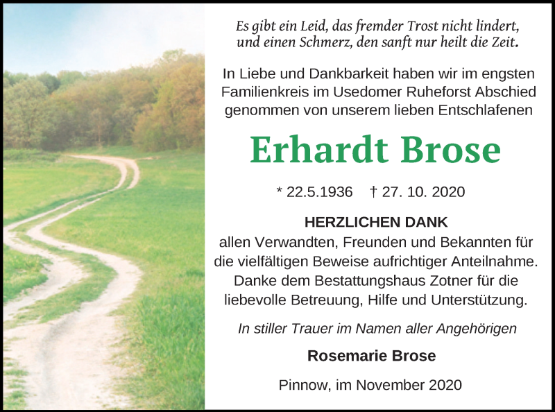  Traueranzeige für Erhardt Brose vom 14.11.2020 aus Vorpommern Kurier