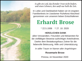 Traueranzeige von Erhardt Brose von Vorpommern Kurier