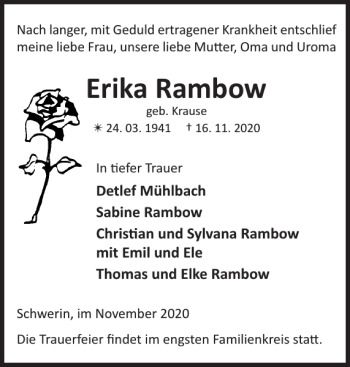 Traueranzeige von Erika Rambow von Zeitung für die Landeshauptstadt