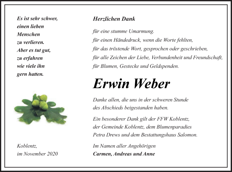  Traueranzeige für Erwin Weber vom 21.11.2020 aus Pasewalker Zeitung