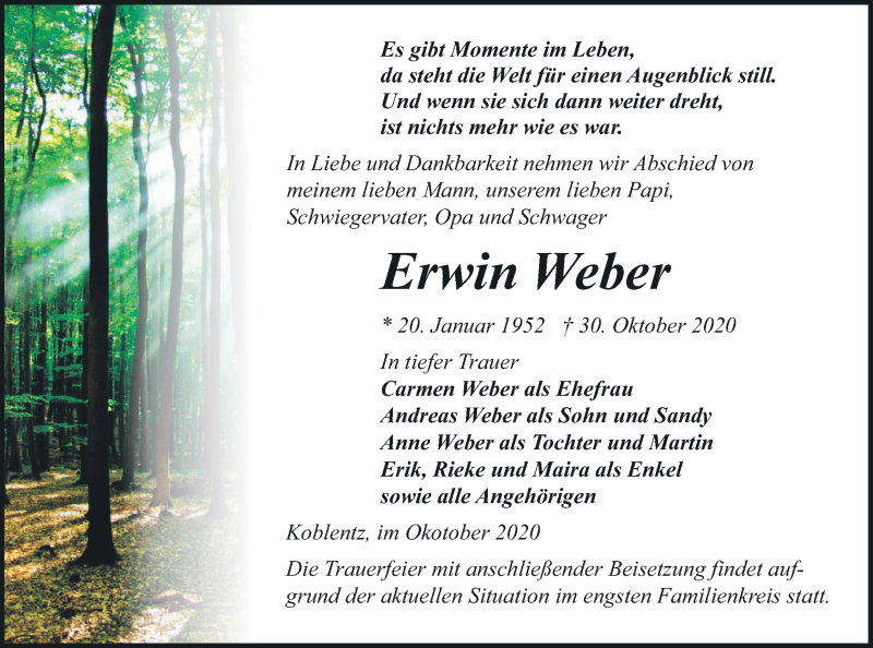  Traueranzeige für Erwin Weber vom 04.11.2020 aus Pasewalker Zeitung