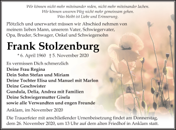 Traueranzeige von Frank Stolzenburg von Vorpommern Kurier