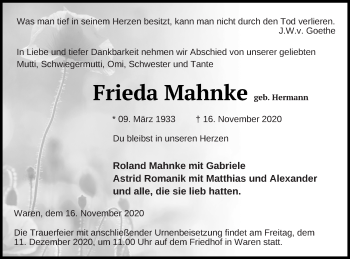 Traueranzeige von Frieda Mahnke von Müritz-Zeitung