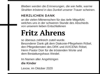 Traueranzeige von Fritz Ahrens von Müritz-Zeitung