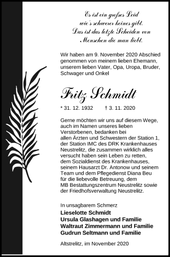 Traueranzeige von Fritz Schmidt von Strelitzer Zeitung