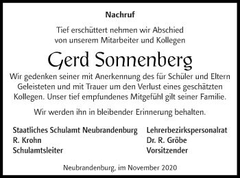 Traueranzeige von Gerd Sonnenberg von Neubrandenburger Zeitung