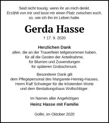 Traueranzeige von Gerda Hasse von Templiner Zeitung