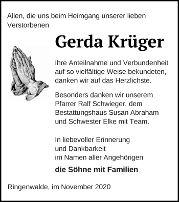 Traueranzeige von Gerda Krüger von Templiner Zeitung