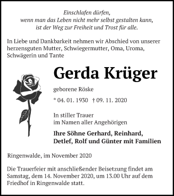 Traueranzeige von Gerda Krüger von Templiner Zeitung