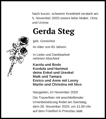 Traueranzeige von Gerda Steg von Prenzlauer Zeitung