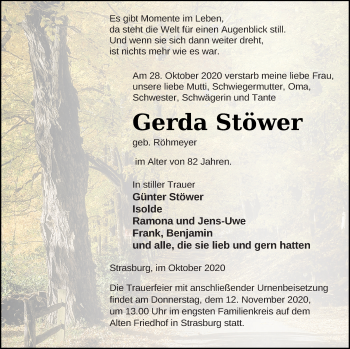 Traueranzeige von Gerda Stöwer von Pasewalker Zeitung