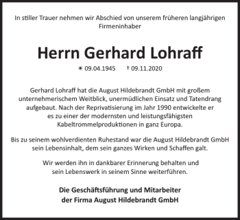 Traueranzeige von Gerhard Lohraff von Hagenower Kreisblatt