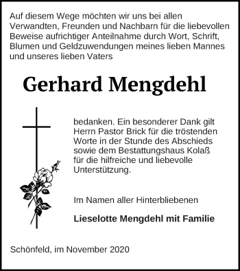 Traueranzeige von Gerhard Mengdehl von Demminer Zeitung