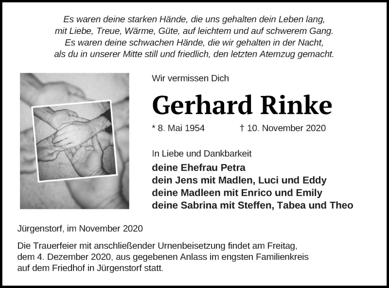  Traueranzeige für Gerhard Rinke vom 21.11.2020 aus Mecklenburger Schweiz