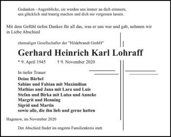 Traueranzeige von Gerhard Heinrich Karl Lohraff von Hagenower Kreisblatt