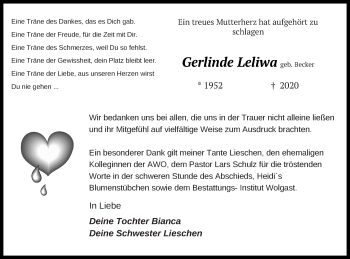 Traueranzeige von Gerlinde Leliwa von Müritz-Zeitung