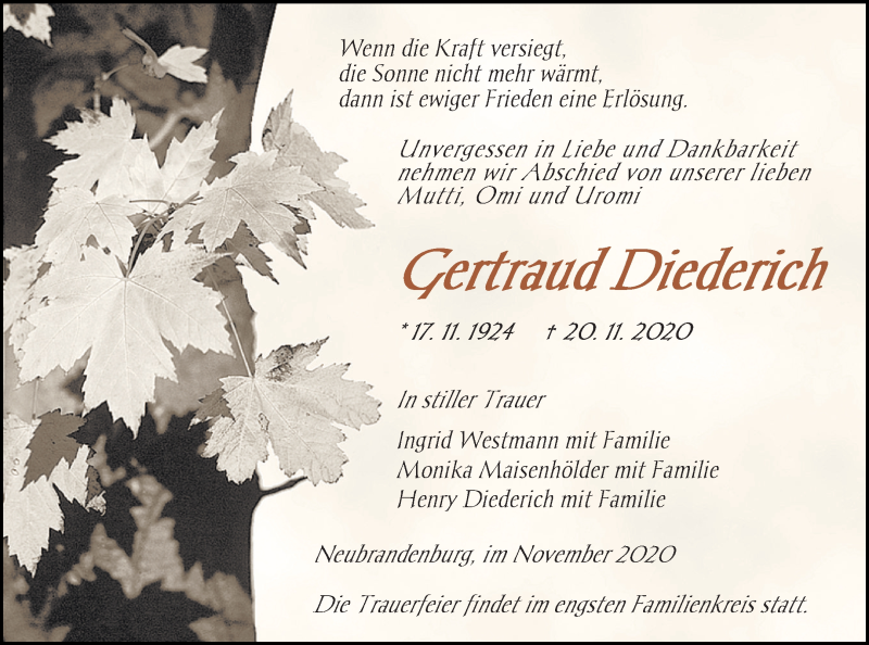  Traueranzeige für Gertraud Diederich vom 27.11.2020 aus Neubrandenburger Zeitung