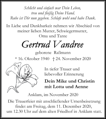 Traueranzeige von Gertrud Vandree von Vorpommern Kurier