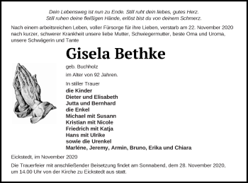 Traueranzeige von Gisela Bethke von Prenzlauer Zeitung