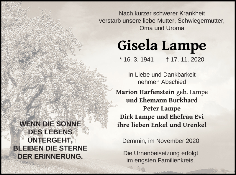  Traueranzeige für Gisela Lampe vom 19.11.2020 aus Demminer Zeitung