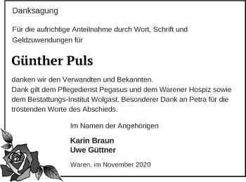 Traueranzeige von Günther Puls von Müritz-Zeitung