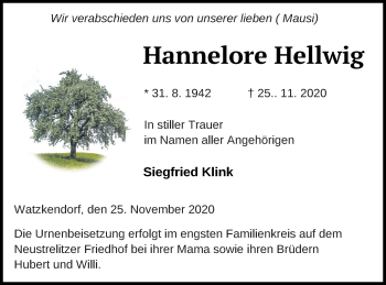 Traueranzeige von Hannelore Hellwig von Strelitzer Zeitung