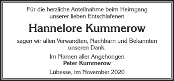 Traueranzeige von Hannelore Kummerow von Zeitung für die Landeshauptstadt