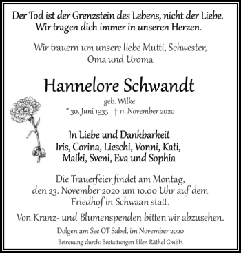 Traueranzeige von Hannelore Schwandt von Güstrower Anzeiger