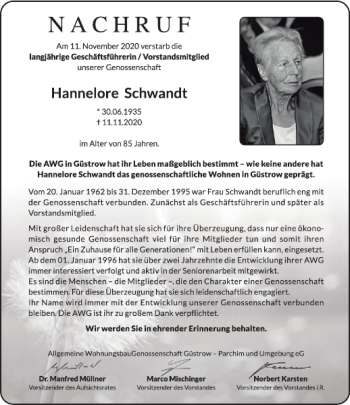 Traueranzeige von Hannelore Schwandt von Güstrower Anzeiger