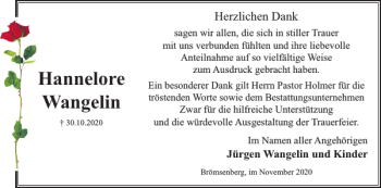 Traueranzeige von Hannelore Wangelin von Hagenower Kreisblatt