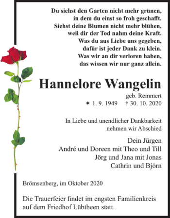 Traueranzeige von Hannelore Wangelin von Hagenower Kreisblatt