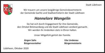 Traueranzeige von Hannelore Wangelin von Hagenower Kreisblatt