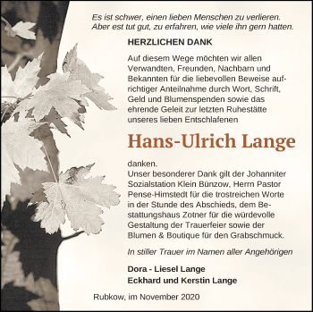 Traueranzeige von Hans-Ulrich Lange von Vorpommern Kurier